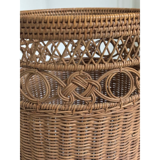 Vintage Palm Beach Style Handwoven Rattan Umbrella Stand or Cane Holder With Decorative Openwork Knot Motif For Sale - Image 4 of 11