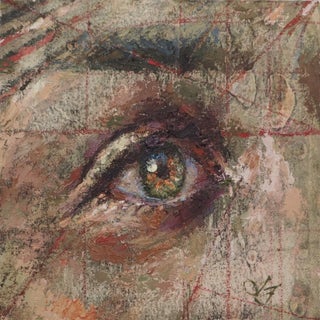 Seen by Lisa Fricker | Oil on Collage Panel Close-up of an eye with textured background. For Sale