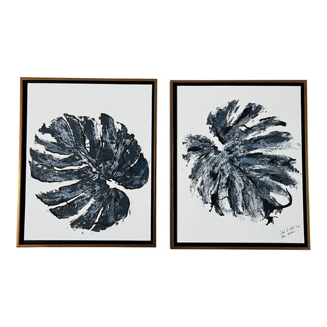 Blue Monstera Duo, Designed by Cheryl P Kohloff, Framed- Set of 2 For Sale