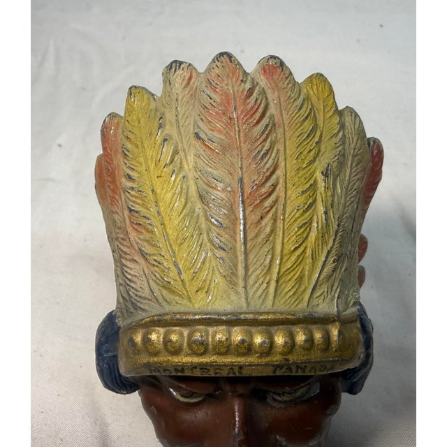 1920s Rare Antique Native American Indian Chief Montreal White Metal Still Coin Bank For Sale - Image 5 of 12