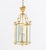 Modern Brass and Glass Lantern Pendant Lamp, cylindrical with center brass column with three candlestick style lights. 19"...