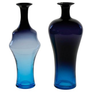Glass Cobalt Aquamarine Shaded Vases attributed to Paolo Venini for Veart, 1960s, Set of 2 For Sale