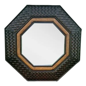 Faux Bois, Wood Quilted Brown Large Coastal Regency Wicker Octagonal Wall Mirror