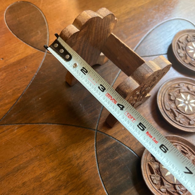 1970s Collection of Hand Carved Wooden Coasters With Holder - 6 pcs For Sale - Image 9 of 12