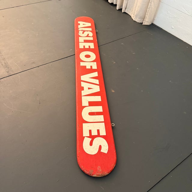 Wood Large Mid-Century Wood Retail Grocery Store Sign "Aisles of Values" For Sale - Image 7 of 9