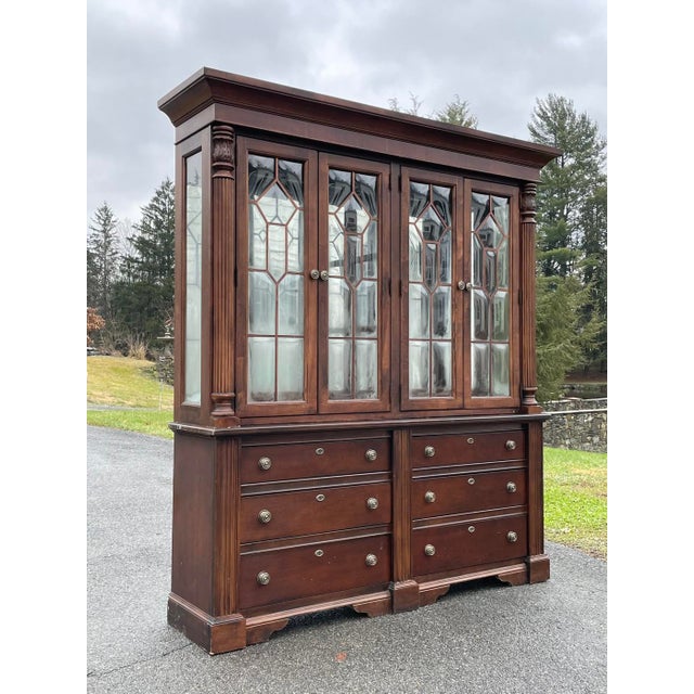 Traditional Vintage Bubble Glass Georgian Style Mahogany Breakfront For Sale - Image 3 of 9