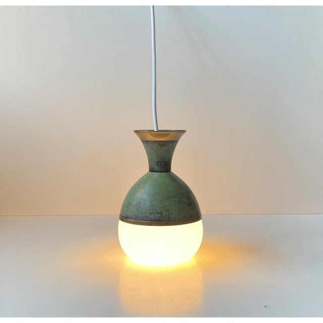 Art Deco Revival Pendant Lamp in Green Bronze and White Glass, 1970s For Sale - Image 4 of 12