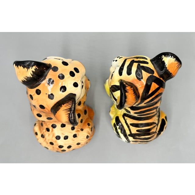 Ceramic Vintage Shafford Japan Ceramic Leopard & Tiger Cub Figurines — Hand-Painted Pair — Hollywood Regency / Whimsical For Sale - Image 7 of 11