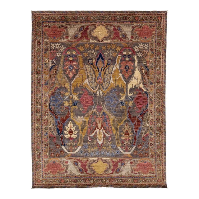 Modern Bidjar Style Hand-Knotted Wool Area Rug Floral Design in Earthy Charcoal For Sale
