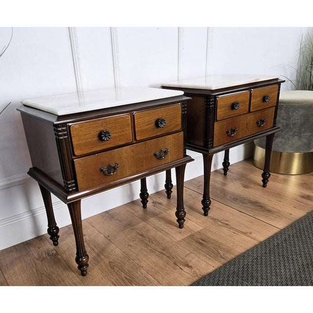Mid-Century Italian Art Deco Style Wood Bedside Tables with Marble Tops, 1950s, Set of 2 For Sale - Image 9 of 11