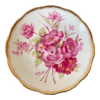 Antique English Victorian Porcelain Jewelry Dish With Pink Flower and Gold Rim by Roslyn For Sale