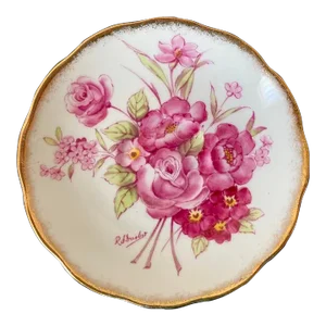Victorian English Pink Flower Porcelain Jewelry Dish With Gold Rim by Roslyn
