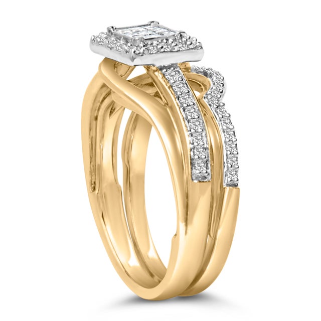 Haus of Brilliance 14K Yellow Gold Plated Sterling Silver 1/2 Cttw Princess Square Diamond Bridal Set - Size 7 For Sale - Image 4 of 6
