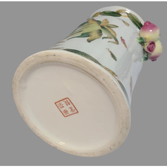 Ceramic Vintage Asian Hand Painted Porcelain Butterflys Pomegranate Handles Vase For Sale - Image 7 of 10