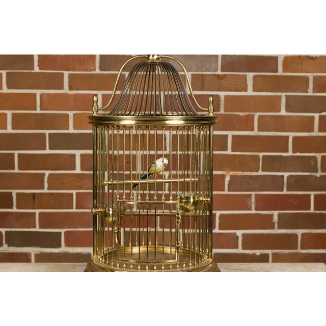 Brass French Midcentury Brass Circular Birdcage with Decorative Bird For Sale - Image 8 of 11