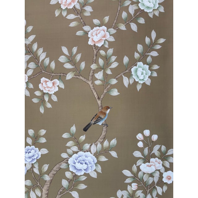 Chinoiserie Chinoiserie Hand‑Painted Wallpaper Panels, Taupe Background Floral & Bird Motifs, Set of 2 For Sale - Image 3 of 3