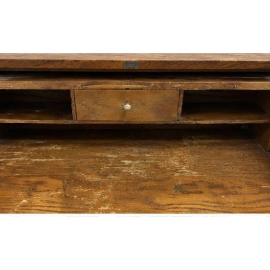Mid-Century Modern Vintage Oak Roll Top Desk – Circa 1920s–1940s | Solid Wood For Sale - Image 3 of 4