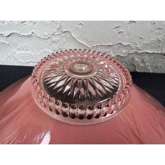 1930s Vintage Art Deco Pink Satin Glass Ceiling Light Shades, Floral Relief, Circa 1935–1945 - a Pair For Sale - Image 5 of 12