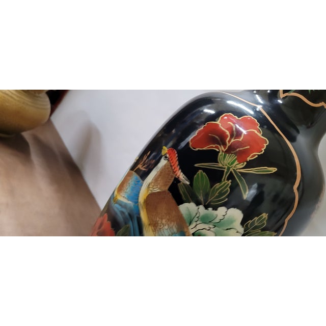 Black Vintage Black Floor Vase Hand Painted Birds and Flowers Red Gold Asian Style For Sale - Image 8 of 8
