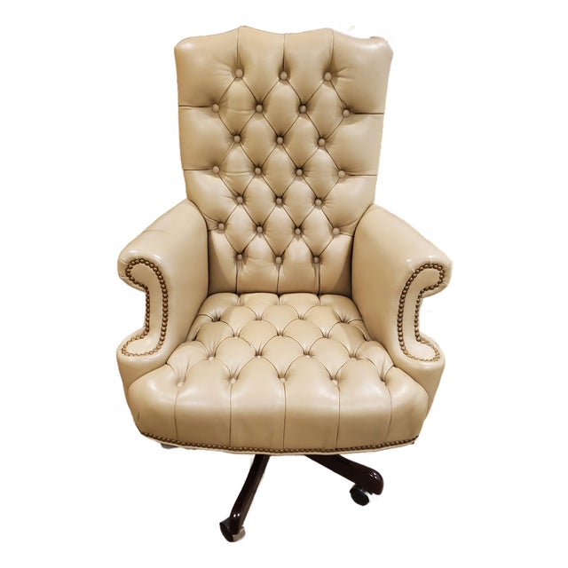 Our House Designs '144-S' Parchment (Golden Cream) Leather Swivel Desk Chair for Mastercraft / Neiman Marcus For Sale