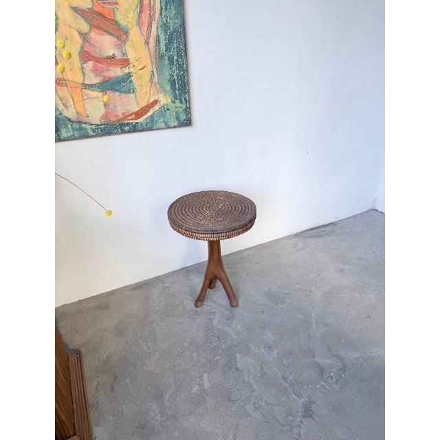 Wood Folk Art Tripod Stand in Woven Straw, 1950s For Sale - Image 7 of 18
