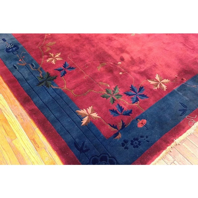 1920s Raspberry Pink Floral Antique Chinese Art Deco Carpet 9'10" X 13'6" Knotted Wool Rug For Sale - Image 9 of 9