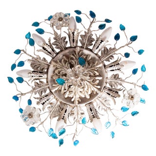Large Vintage Ceiling Light in Silver-Plated Iron and Blue Glass Leaves from Banci Firenze, 1980s For Sale