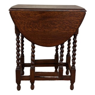 Antique English Petite Table Drop Leaf Gateleg Barley Twist Oak Oval c.1920-30s For Sale