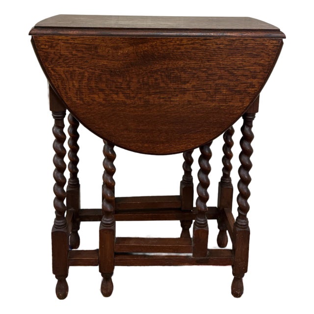 Antique English Petite Table Drop Leaf Gateleg Barley Twist Oak Oval c.1920-30s For Sale