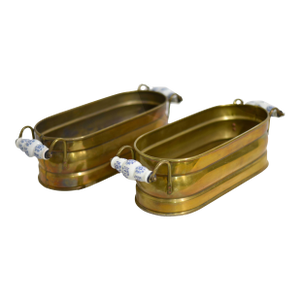 Vintage Brass Herb Planters With Blue & White Ceramic Handles - A Pair