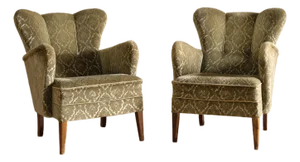 Pair of Swedish Mohair Wingback Lounge Chairs C. 1930s