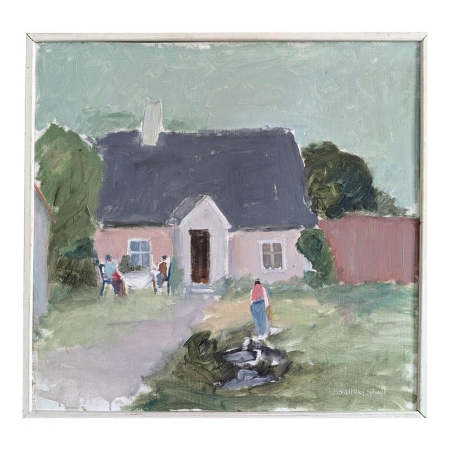 Mid-Century Modern 'Cottage Garden Gathering' Vintage Original Landscape Oil Painting, Framed For Sale