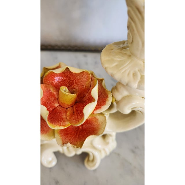 Pair of Vintage Ivory Ceramic Rose Double Candle Holders For Sale - Image 4 of 18