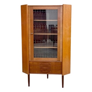 Danish Modern Teak Corner Glass Curio Cabinet or Bar For Sale