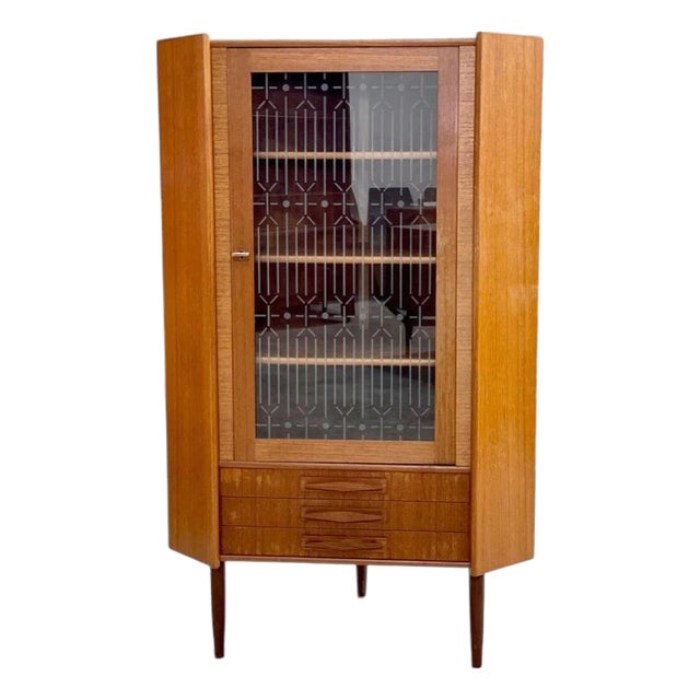 Danish Modern Teak Corner Glass Curio Cabinet or Bar For Sale