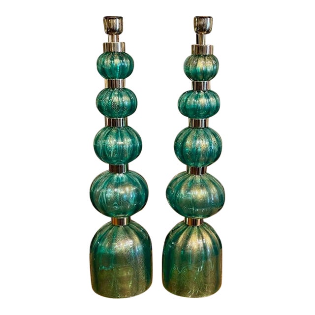 Pair of Murano Green and Gold Lamps For Sale