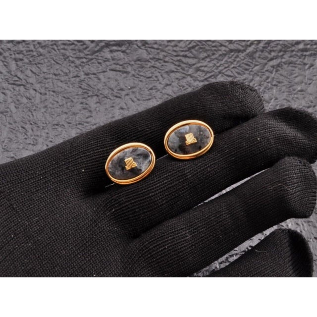 "LANVIN" Vintage Cufflinks Labradorite Stone Gold Plate, Original Case, Circa 80 For Sale - Image 17 of 18
