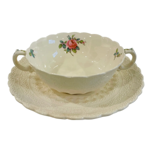 Spode Billingsley Rose Bread Plate & Cream Soup Bowl, 1926 Red Backstamp