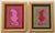 Pair: A spotted leopard and striped tiger in shades of mauve, raw umber, green pink with a burgundy or sepia border....