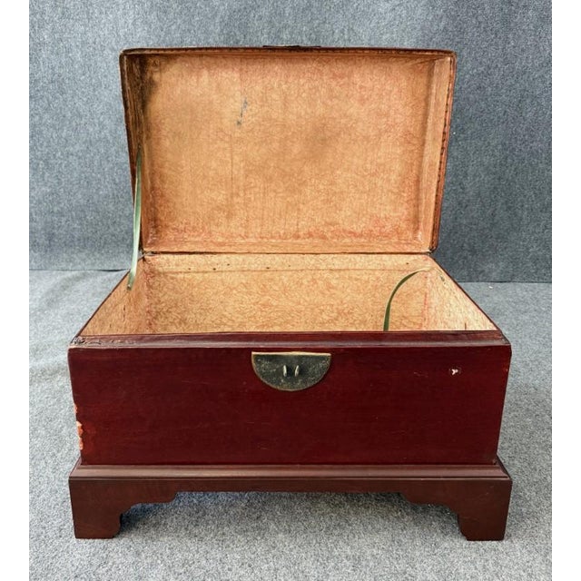 Red Mid 20th Century Red Leather Trunk on Wooden Stand For Sale - Image 8 of 16
