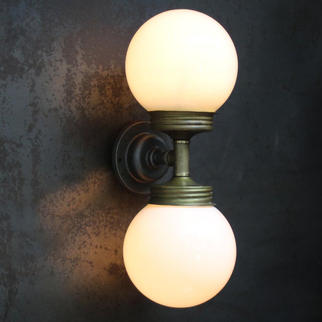 Double vintage brass and cast iron sconce wall lamp Brass top with opaline glass Diameter wall mount 10.5 cm / 4” 2x...