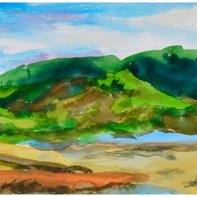 American Vintage Hillside Lake Watercolor Landscape by Les Anderson For Sale - Image 3 of 7
