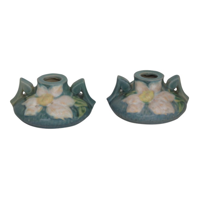 Roseville Pottery Clematis Ceil Blue Short Candlestick Holders 1158 2 a Pair 4688b For Sale