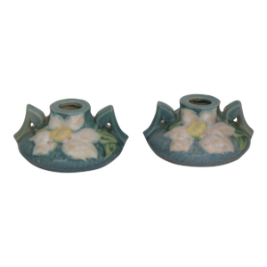 Roseville Pottery Clematis Ceil Blue Short Candlestick Holders 1158 2 a Pair 4688b