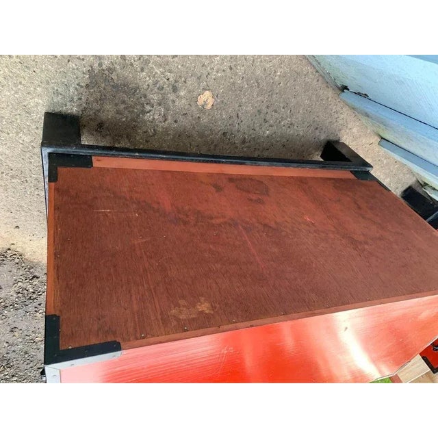 Mid 20th Century Mid 20th Century Vintage Asian Style Red Painted Iron Mounded Campaign Cedar Type Chests. A Pair For Sale - Image 5 of 12