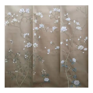 Chinoiserie Magnolia Flowers Mural Hand Painted Wallpaper - 3 Panels For Sale