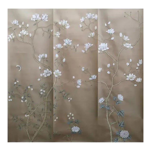 Chinoiserie Magnolia Flowers Mural Hand Painted Wallpaper - 3 Panels For Sale