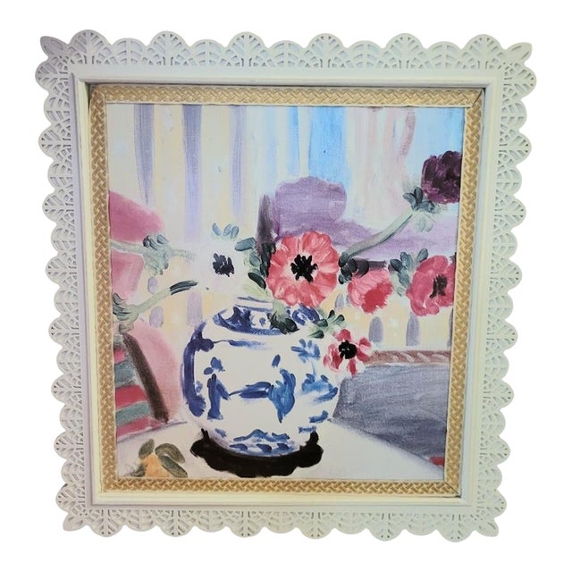 Custom Made Chinoiserie Scalloped Lace Wood Carved Framed Blue White Ginger Jar Wall Framed Print Art For Sale