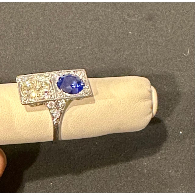 GIA CEYLON Blue Sapphire & Old Minor 3 CT Diamond Cocktail Ring Platinum Estate For Sale - Image 4 of 18