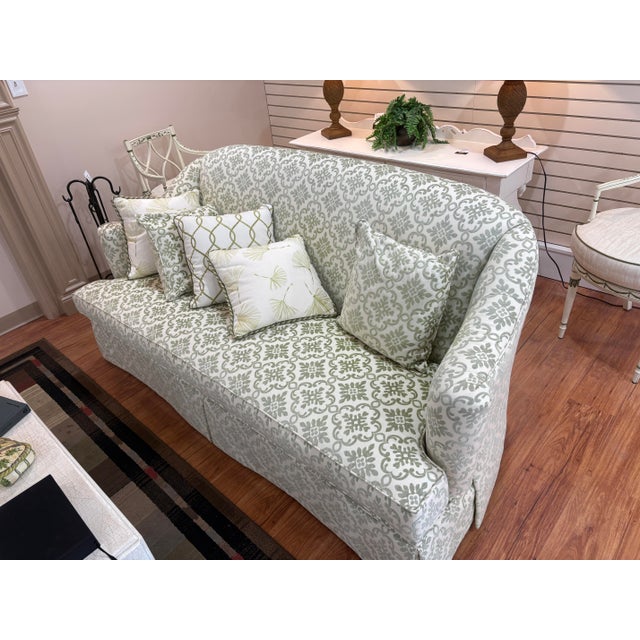 Pair of Kravet Traditional Skirted Sofas in Sage Green Damask For Sale - Image 6 of 6
